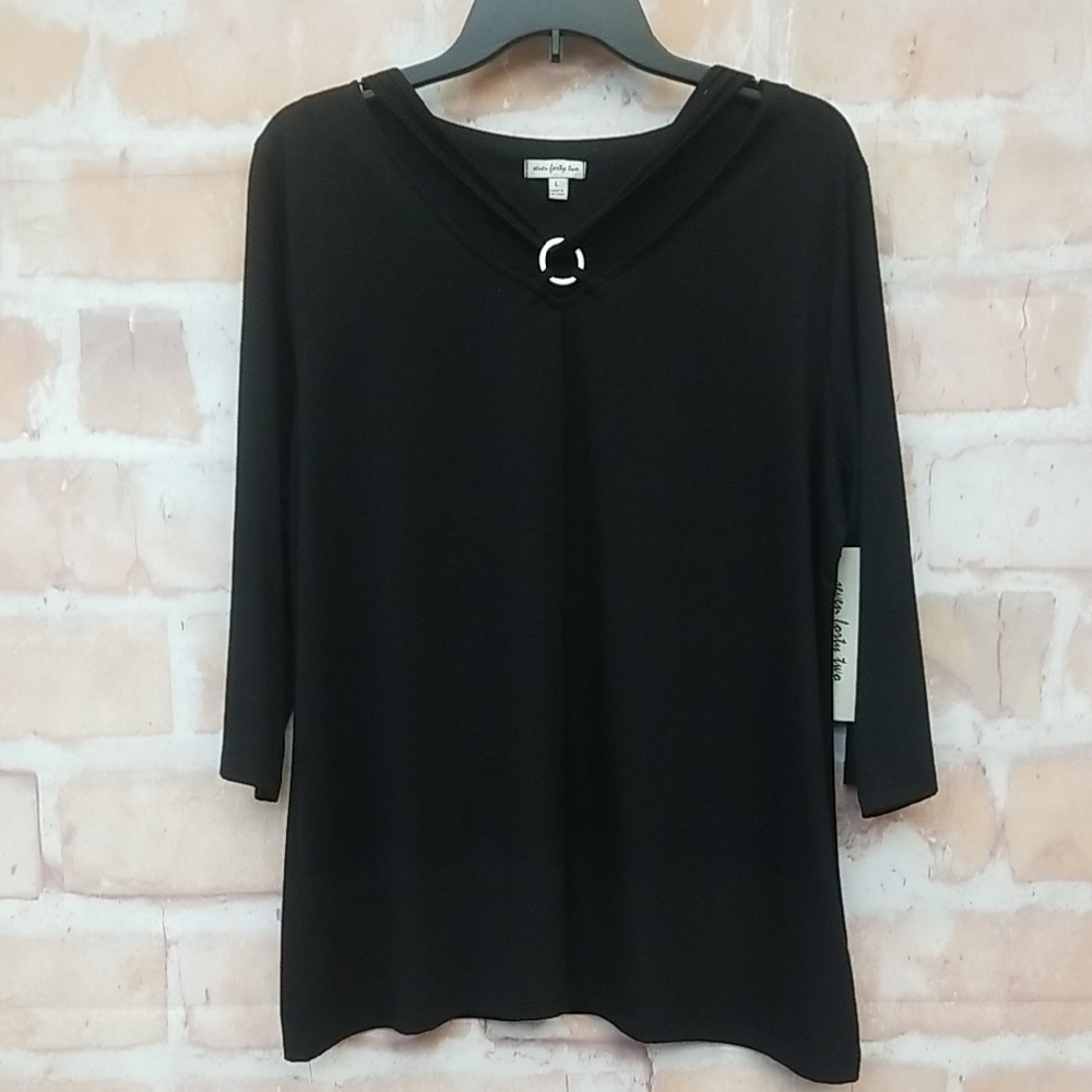 NWT Seven Forty Two Size Large Women's Black Ring Detail Top